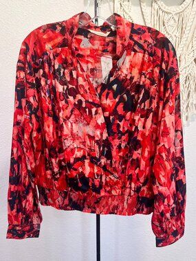 Soft Surroundings Red Abstract Blouse Smocked Waist Long Sleeve Medium